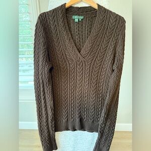 Lauren Ralph Lauren Cable-Knit Sweater Chocolate Brown 100% Cotton V-Neck L